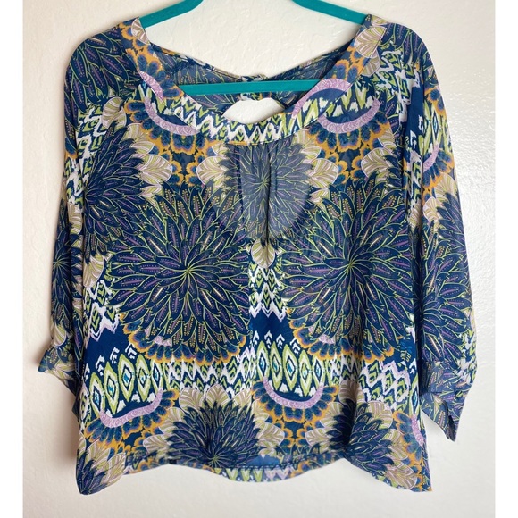 Multicolor Sheer Cropped Blouse with Open Back - Picture 2 of 3